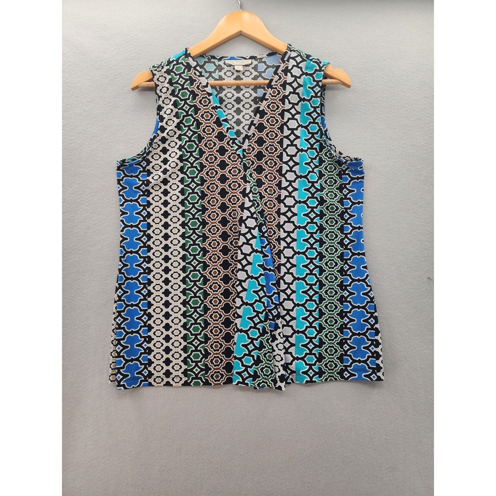 Dana‎ Buchman Women Blue Green Geometric Tile Print Sleeveless V-Neck Blouse L